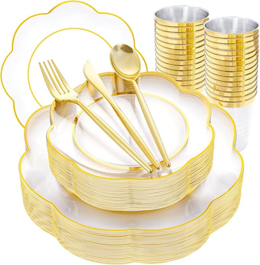 ejonirinjonir EI 180pcs Clear Plastic Plates with Gold Plastic Silverware, Plate for Party,Clear Dinnerware Set,Heavy Duty Plate for Wedding,Afternoon Tea,Spring,Mother's Day,Valentine's Day,Easter