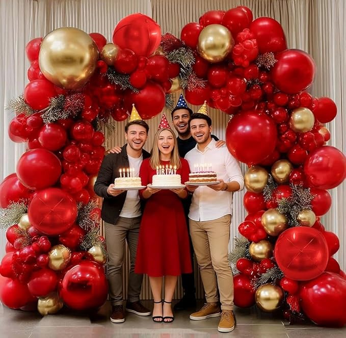 Red and Gold Balloon Garland Double Stuffed Ruby Red Gold Balloons Arch Kit With Mylar Balloon for Birthday Wedding Mother's Day Engagement Baby Shower Anniversary Party Decoration