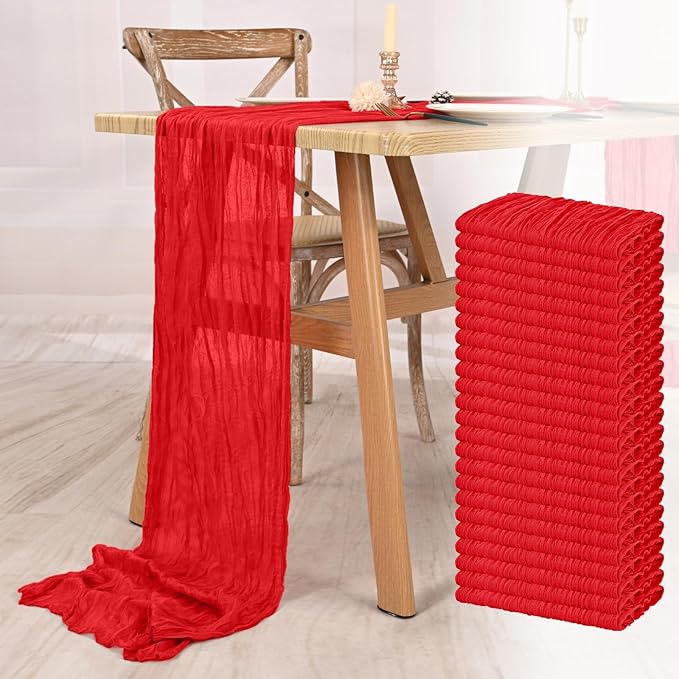 24 Pack Red Cheesecloth Table Runner 10FT Boho Gauze Cheese Cloth Table Runner Rustic Sheer Fabric Table Runners for Wedding Bridal Shower Baby Shower Party(21.5×120 Inch)