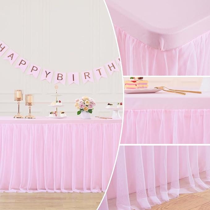 Suppromo 4 Pack 6ft Pink Tablecloths for Rectangle Tables, 72 x 30 Inch Pink Rectangular Table Cloth with Tutu Skirt for Baby Shower, Birthday Party, Banquet, Buffet, Cake