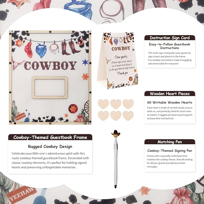 Cowboy Baby Shower Decorations,Western Baby Shower Guest Book Alternatives with Cowboy Pen,60 Heart Wood Slices for 60 Guests,My First Rodeo Birthday Party Decorations Boy or Gir