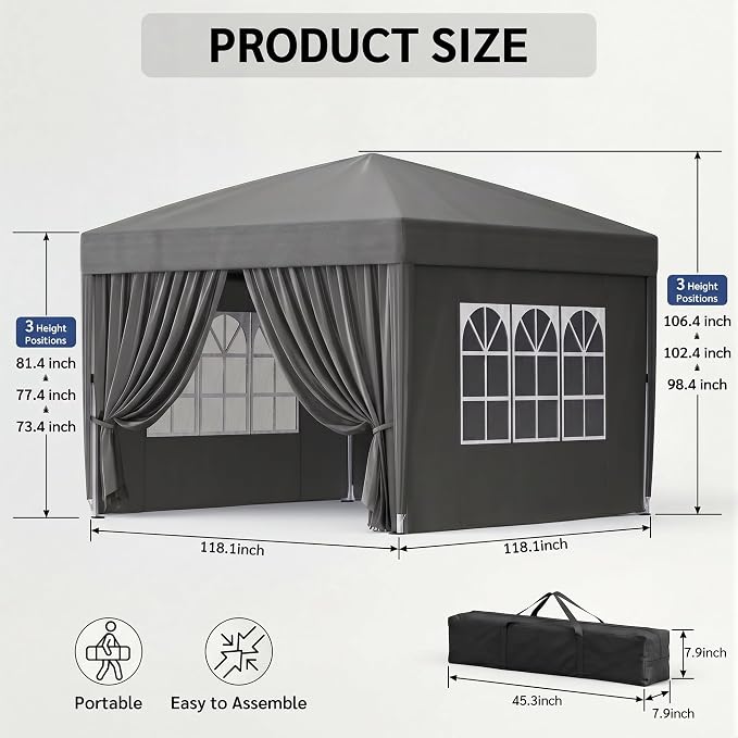 KIGOTY 10x10 FT Portable Pop Up Canopy Tent, Adjustable Height Instant Gazebo with Sidewalls, One-Push Setup Outdoor Canopy for Camping, Parties, Vendor Events (Grey, 3m × 3m)
