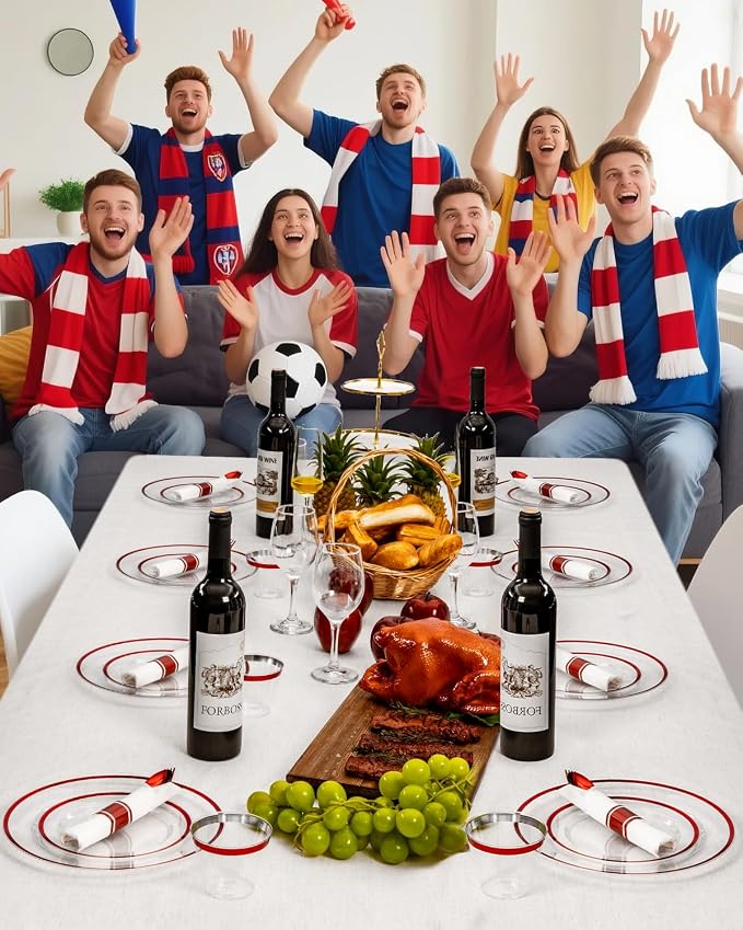 BESTVIP 700PCS Disposable Clear Red Dinnerware Sets for 100 Guests, Plastic Plates for Party, 200 Plastic Plates,100 Cups, 100 Pre-Rolled Napkins with Cutlery for Parties, Christmas, Wedding