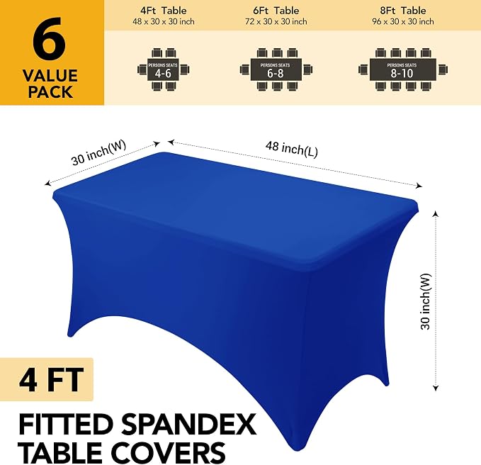 6-Pack Premium Royal Blue Spandex Tablecloths for 4ft Rectangle Tables, Stain & Wrinkle-Resistant, Washable Stretch Polyester Fitted Table Cover for Weddings, Banquets, Trade Shows Events
