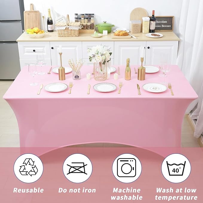 Fixwal 3 Pack Pink Tablecloth Rectangle 6Ft, Stretch Spandex Fitted Table Cover for Party, Trade Show, Wedding, Buffet, Graduation, Vendor Stand