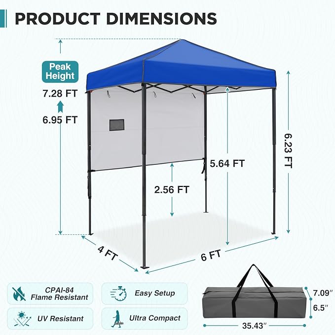 EAGLE PEAK 6x4 Instant Pop Up Canopy Tent with 1 Half Wall Panel, Straight Leg Sun Shelter, Portable Canopy with Carry Bag for Camping, Beach & Sports, Blue