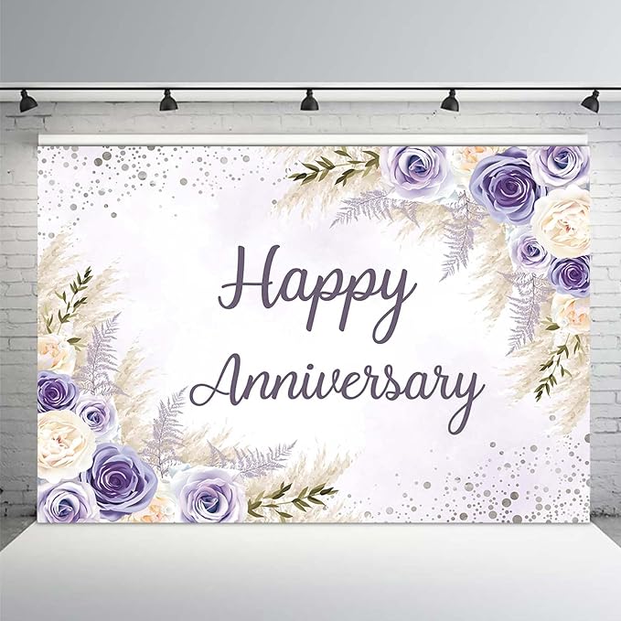 MEHOFOND Boho Happy Anniversary Backdrop Purple Floral Bohemia Pampas Grass Anniversary Banner Cheers to Marriage Wedding Party Decorations Memorial Portrait Photo Booth Background 7x5ft