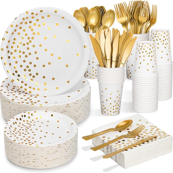 White and Gold Party Supplies, 350PCS Disposable Dinnerware Set w/White Paper Plates Napkin Cups Plastic Forks Knives Spoon for Women Men Birthday Christmas Retirement New Year Eve 2025 Decorations