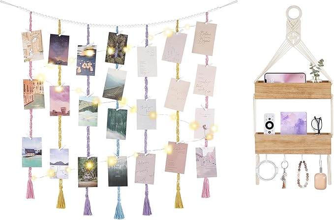 Mkono Macrame Hanging Photo Display Wall Decor with String Lights and Macrame Hanging Shelf for Bedside Shelf Organizer with Hooks