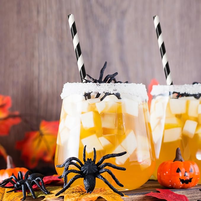 PakTalk [100 Pack] Biodegradable Black & White Stripe Paper Straws for Birthdays, Weddings, Baby Showers, Halloween & Christmas Party Supplies (0.24" x 7.75")