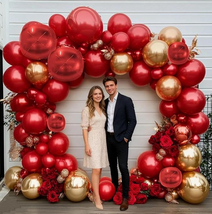 Red and Gold Balloon Garland Double Stuffed Ruby Red Gold Balloons Arch Kit With Mylar Balloon for Birthday Wedding Mother's Day Engagement Baby Shower Anniversary Party Decoration