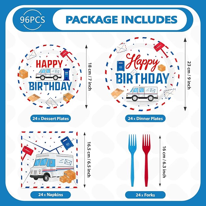 96 Pcs Mailman Party Supplies Red Blue Mail Happy Birthday Plates and Napkins Disposable Mail Truck Mailbox Tableware Set for Postal Worker Birthday Party Decorations Serves 24