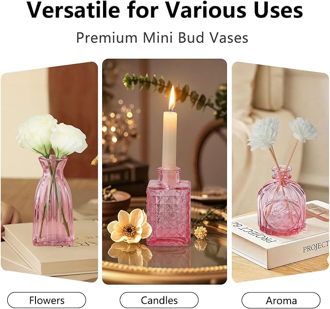 RUCKAE 22 Pack Pink Glass Bud Vases,Vintage Small Flower Vases for Centerpieces,Assorted Mini Glass Vases for Flowers,Table Decor,Wedding,Home,Living Room,Bedroom,Office,Party,Gifts(Pink 22 Pack)