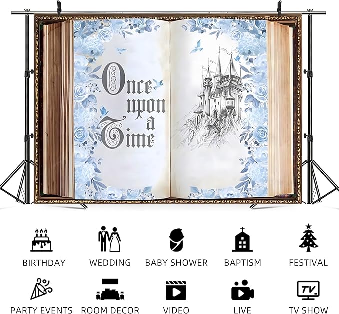 7x5ft Once Upon a Time Backdrop Fairy Tale Storybook Open Book Castle Photography Background for Princess Wedding Birthday Party Baby Shower Photo Booth Props Blue Flower Rose Vintage Decor