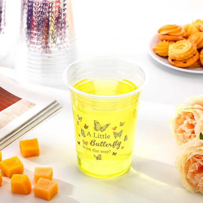100 Pcs Plastic Butterfly Cups 16 oz Disposable Clear Plastic Cups Butterfly Party Cup Bulk for Birthday Baby Shower Girls Tea Party Supplies