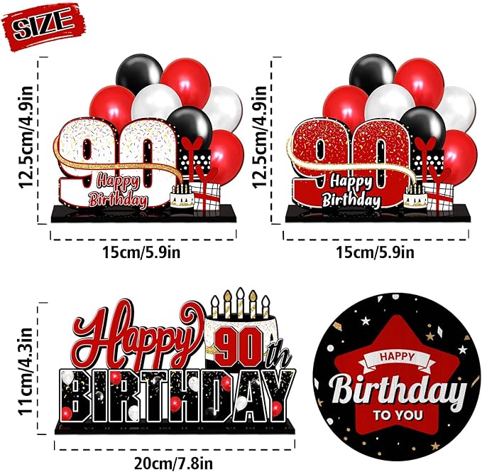 LINGTEER Happy 90th Birthday Red Acrylic Table Topper Centerpieces Set - Cheers to Ninety Years Old Birthday 90th Bday Party Gift Decorations.