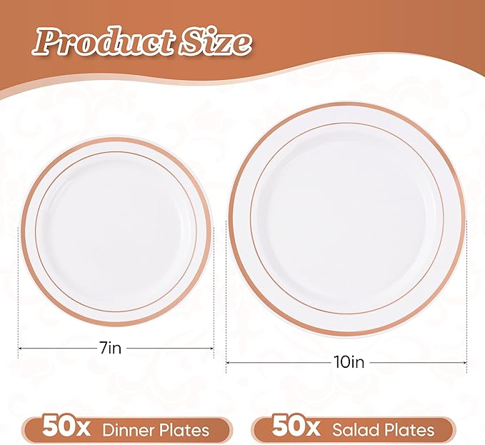 Fijinhom 100PCS Rose Gold Plastic Plates, Disposable Plates with 50PCS 10" Dinner Plates & 50PCS 7" Dessert Plates for 50 Guests, Plastic Party Plates for Wedding, Birthday, Rose Gold