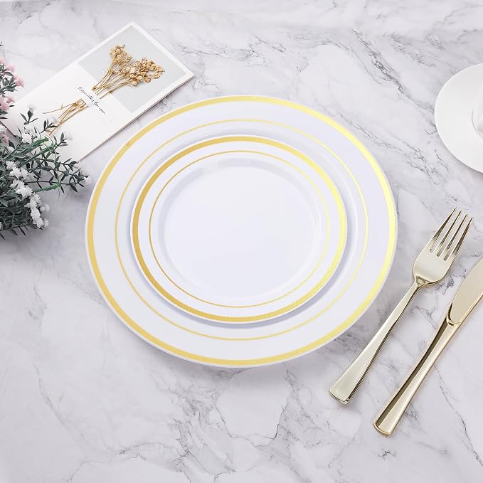 BESTVIP 400PCS Gold Plastic Plates, White with Gold Rim Disposable Plates - 200 Dinner Plates and 200 Dessert Plates, Heavy Duty Fancy Party Plates for Wedding, Catering, Large Events