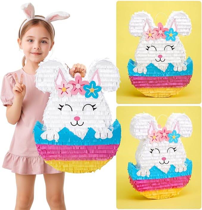 WERNNSAI Easter Bunny Piñata - Easter Rabbit Piñata Spring Pinata with Blindfold and Stick for Birthday Party Decoration Baby Shower School Activities Game Spring Party Game
