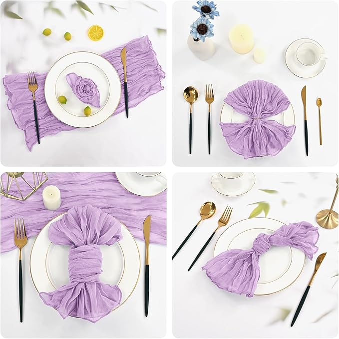 60 PCS Light Purple Gauze Cheesecloth Napkins,20x20 Inch Cotton Napkin Rustic Wrinkled Cloth Napkin Bulk Washable Dinner Table Napkins for Wedding Party Bridal Shower Baby Shower Events Decor