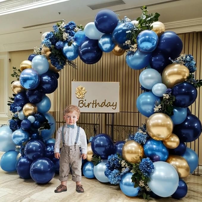 Navy Blue Gold Balloon Arch Kit Double Stuffed Royal Dusty Blue Gold Balloon Garland Latex Pastel Dark Different Sizes for Graduation Birthday Wedding Baby Shower Anniversary Father's Day Decor