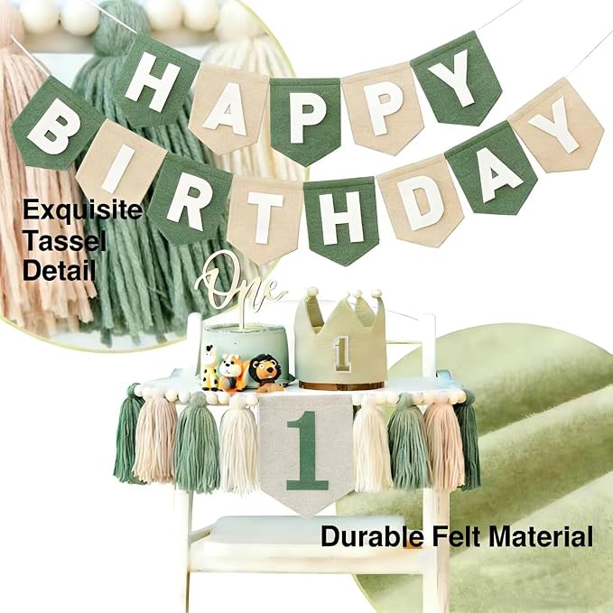 Sage Green 1st Birthday High Chair Decorations- First Birthday Banner Wild One Highchair banner 1st birthday boy with Tassels, Crown & One Cake Topper, Boho 1st Birthday Party Supplies photo props