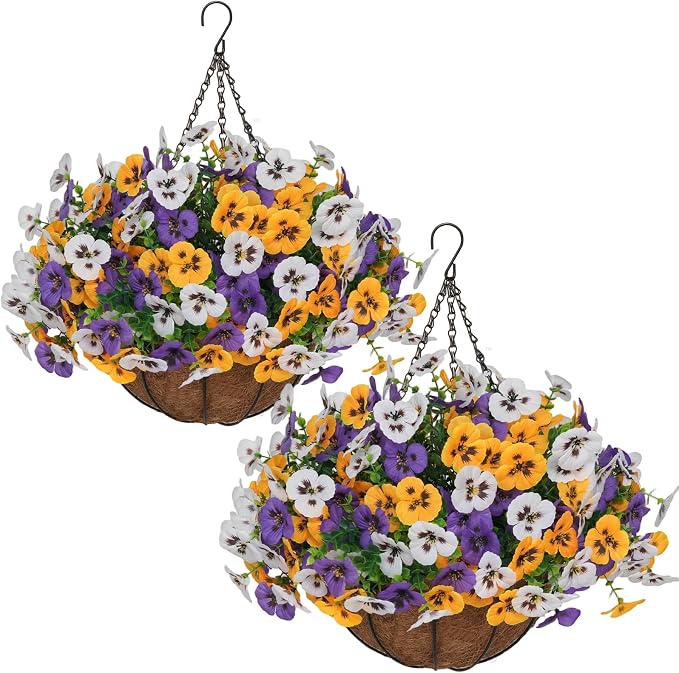 2 Set Artificial Hanging Flowers with Basket for Outdoor Decor, 24 Pcs Silk Pansy Fake Plants for Garden Porch Patio Balcony Yard Home Decoration