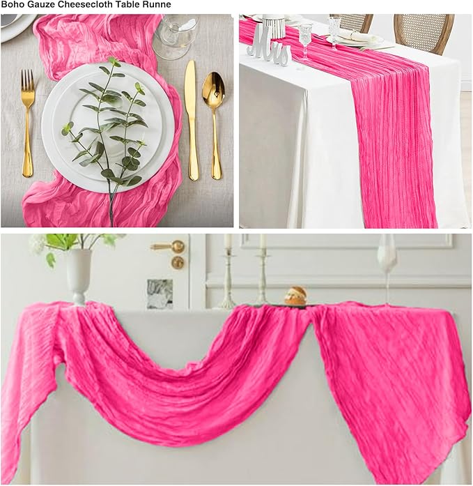 12 Pack Hot Pink 10 Ft Cheesecloth Table Runner 21x120 Inch Boho Wrinkled Sheer Romantic Gauze Decor for Wedding, Bridal Shower, Birthday Party
