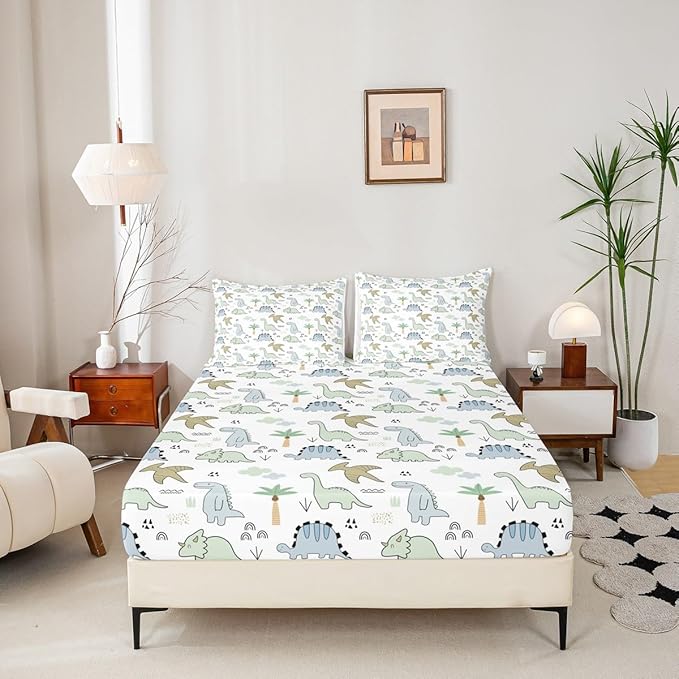 Kids Dinosaur Fitted Sheet Set Full Size 4 Pcs,Watercolor Cloud Jungle Trees Teens Sheets,Cute Cartoon Dino Animal Bedding Sets (1 Fitted,1 Flat,2 Pillowcases) Luxury Deep Pocket Bed Sheets