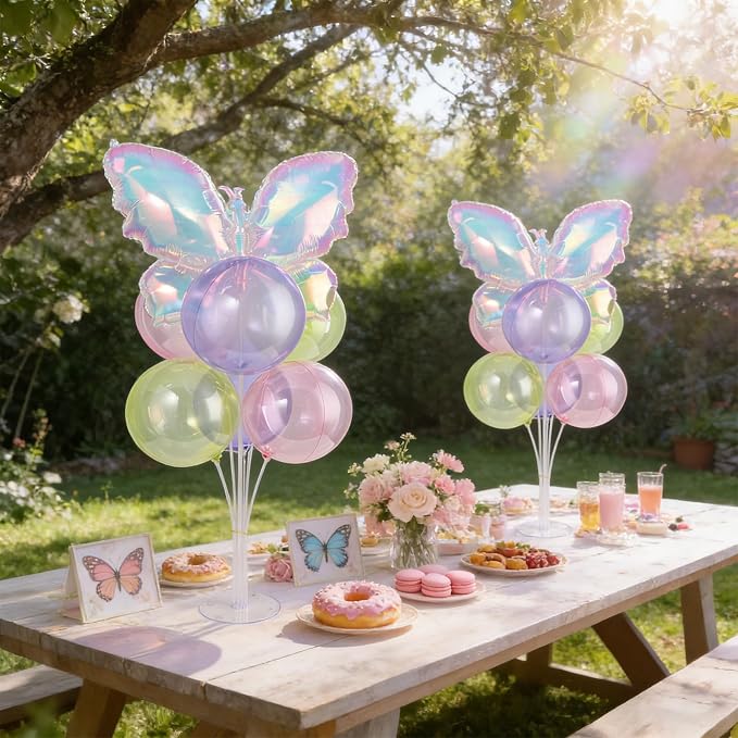 Iridescent Butterfly Party Balloons Stand Kit 2 Sets with Rainbow Holographic Clear Butterfly Foil Balloons Party Balloon Centerpiece for Table for Mermaid Rainbow Holiday Birthday Wedding Decorations