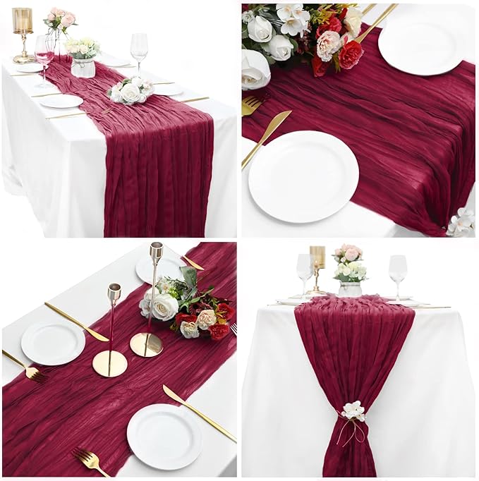 15 Pack Cheesecloth Table Runner 6FT Gauze Cheese Cloth Table Runner 35 x72Inch Romantic Boho Table Runners for Wedding Birthday Party Bridal Baby Shower Gender Reveal Engagement Table Décor(Burgundy)