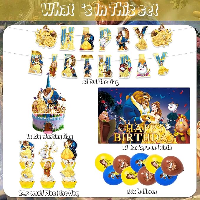 42Pack Beauty and the Beast Party Supplies Kit Set Include Banner ,Cake Topper ,Backdrop ,Balloons for Beauty and the Beast Birthday Party Decorations