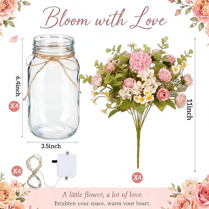 4 Sets Mason Jar with Lights Pink Rose Chamomile, Decorative Pink Centerpieces for Tables Mason Jars Flowers Decorations LED Farmhouse Vase for Home Wedding Event Party Decor