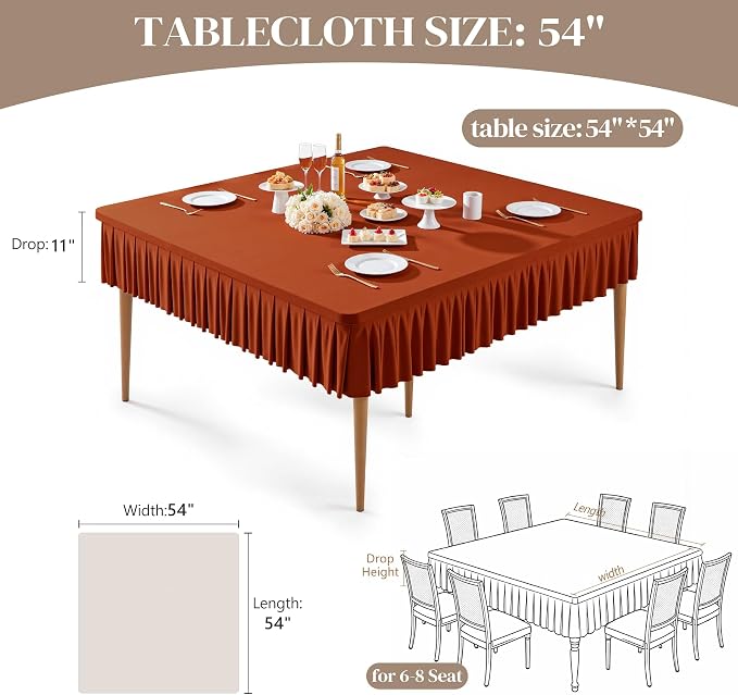 Wish Care 2 Pack Rust Spandex Tablecloths for 54x54 Inch Square Tables, Stretch Fitted Table Clothes with Pleated Ruffle Skirt for 54” Table, Wrinkle Free and Elastic, for Party Kitchen Home Dining