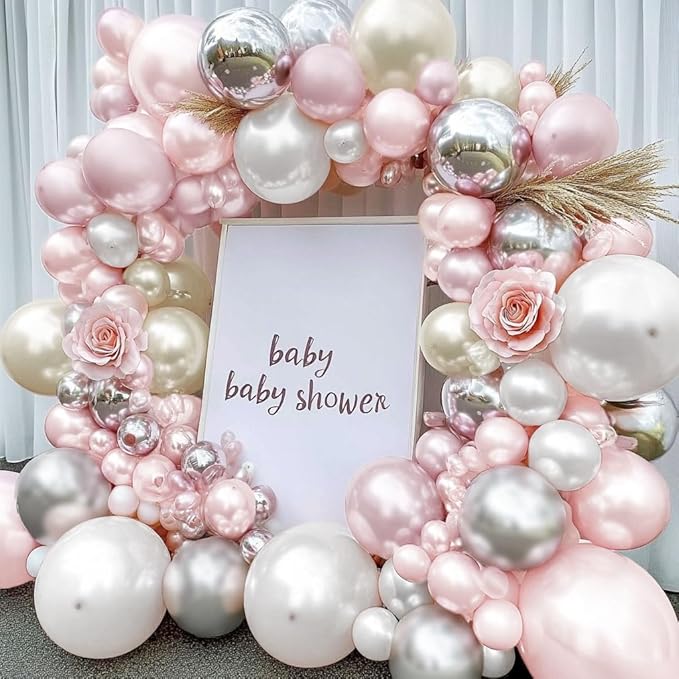 Pearl White and Pink Balloon Arch Double Stuffed Light Pink White Silver Balloon Garland with Sliver Foil Latex Balloons for Neutral Birthday Baby Girl Bridal Shower Wedding Party Decoration