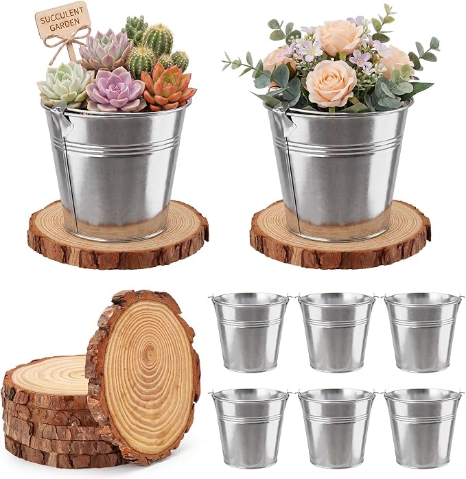 meekoo 12 Pcs Farmhouse Rustic Table Centerpieces Decor Include 6 Small Metal Tin Galvanized Buckets 4.7'' Tall and 6 Wood Slices Round 7-7.8'' for Wedding Birthday Home Succulents DIY Table Decor
