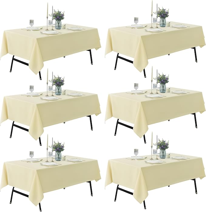 6-Pack 60x144 inch Beige Table Cloths, Solid Stain and Wrinkle Resistant Oblong Tablecloth, Premium Plain Weave Polyester Fabric Rectangle Table Linen Covers for Hotel, Banquet