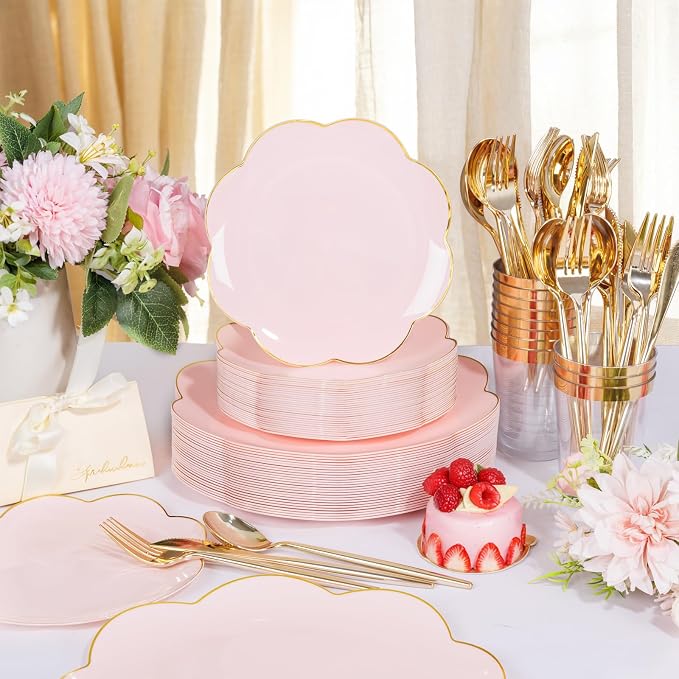 ejonirinjonir EI 180pcs Pink Plastic Plates with Gold Plastic Silverware,Party Plates Disposable,Pink Dinnerware Set for Afternoon Tea,Wedding,Birthday,Easter,Spring,Mother's Day,Valentine's Day