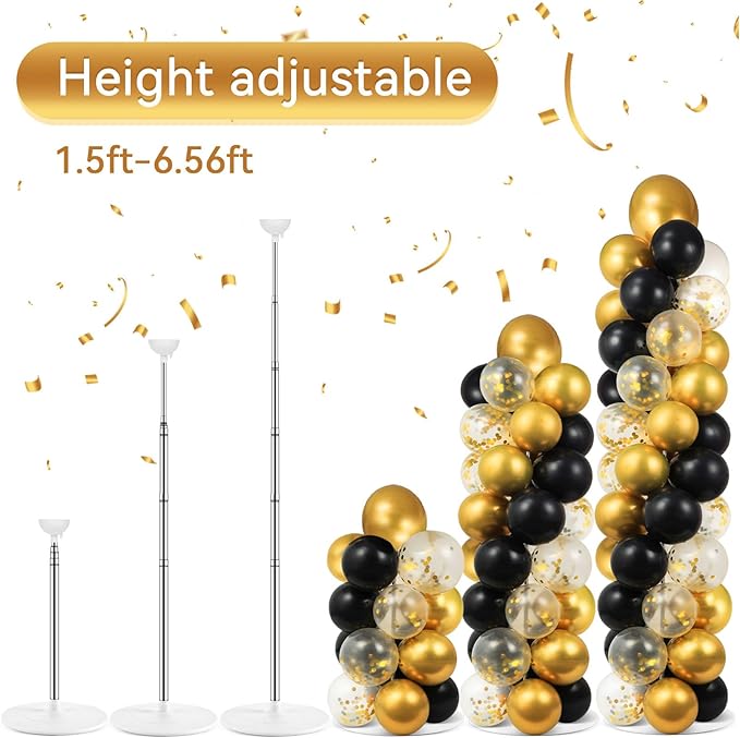 2 Set Black and Gold Balloons Column Stand Kit with 100 Balloons Adjustable Balloon Stand with Bases for Floor Black Gold Confetti Balloon Column Kit for Bridal Shower Valentine Birthday Party Decor