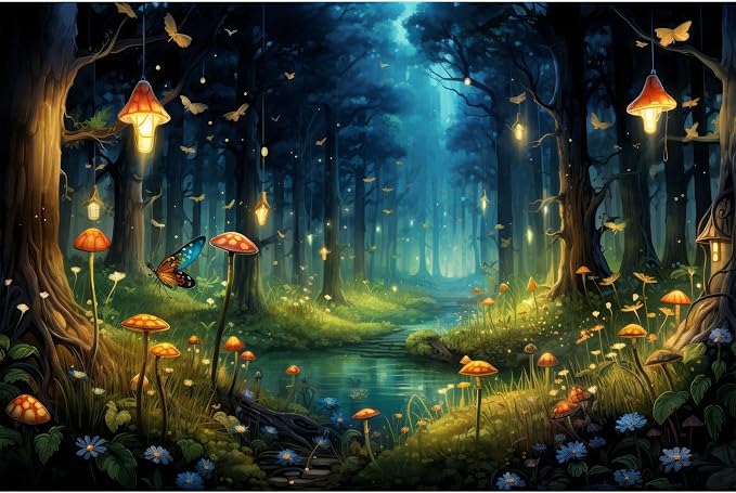 Fantasy Forest Backdrop Night Magical Forest Mushroom Tranquil Stream Photography Background Rainforest Jungle Tree Natural Landscape Backdrop Decorations Glittering Luminous Mushroom Props 8x6ft