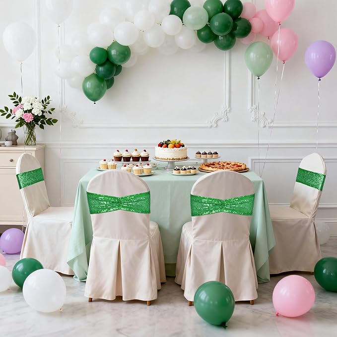 SquarePie 50 Pcs Sequin Chair Sashes Green Glitter Sequin Sashes Bands Decorative Chair Ties Bows for Wedding Party Festive Decor