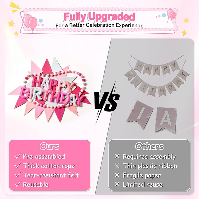 Pre-Strung Happy Birthday Banner, Reusable Felt Birthday Party Decorations, 3D Effect Happy Birthday Sign with Felt Ball Garland, Pennant Flag, Hanging Paper Fans for Men Women Boy Girls (Pink)
