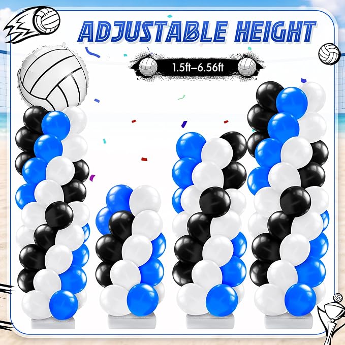 Kasyat 2 Sets Volleyball Balloon Column Stand Kit Blue Black White Volleyball Sports Balloons Adjustable Balloon Arch Stands for Senior Night Decorations Birthday Supplies