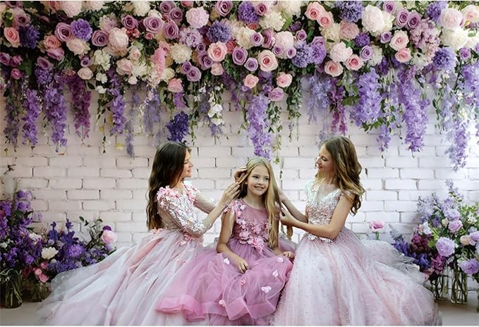 Baocicco Purple Floral Wall Backdrops 15x10ft Flowers White Brick Wall Backdrops for Photoshoot Valentine Day Decorations Anniversary Wedding Banner Supplies Birthday Baby Shower Photo Props