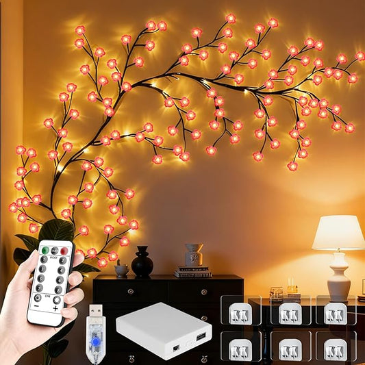 FNHMSL Cherry Enchanted Willow Vine Lights, 4FT 48LED 1PCS Pink Cherry Blossom Tree Branch Lights for Wall, Remote Timer,8 Light Model,Bedroom Wall Doors Wedding, Christmas, USB Battery Box