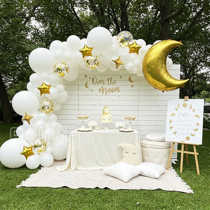 White Balloon Garland Kit - 131pcs White Balloons with Moon and Star, Perfect for Twinkle Twinkle Little Star Baby Shower, Gender Reveal,Birthday Parties, Weddings and Festive Celebrations