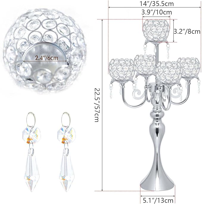 Silver 5 Arms 22.5 Inch Crystal Exquisite Candle Holder with Pendant, Elegant Table Decoration Home Decor for Restaurant Party Birthday Wedding Date