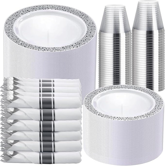 WELLIFE 700 Pieces Silver Disposable Plastic Dinnerware, Includes:100 Dinner Plates, 100 Dessert Plates, 100 Cups, 400 Pre Rolled Napkins with Silver Cutlery