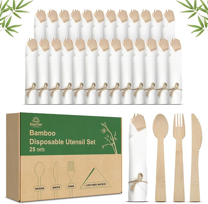 Prerolled Disposable Bamboo Cutlery Set – 25 Pack Pre Wrapped Silverware and Napkin Bundle with Forks, Knives, Spoons for Parties, Weddings, Events, and BBQ (Natural - Beige String)