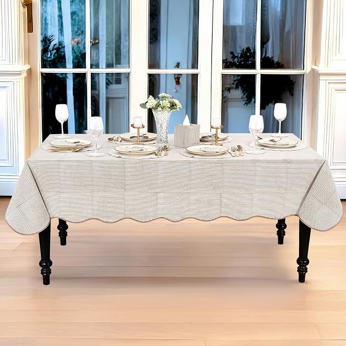 Ridhi Oatmeal Brown Stripe Block Print 60x108 Rectangle Tablecloth Table Cover for Dining Tables, Handcrafted Farmhouse Kitchen Decor, Washable, Decorative Tablecloths for Spring, Easter, Valentine